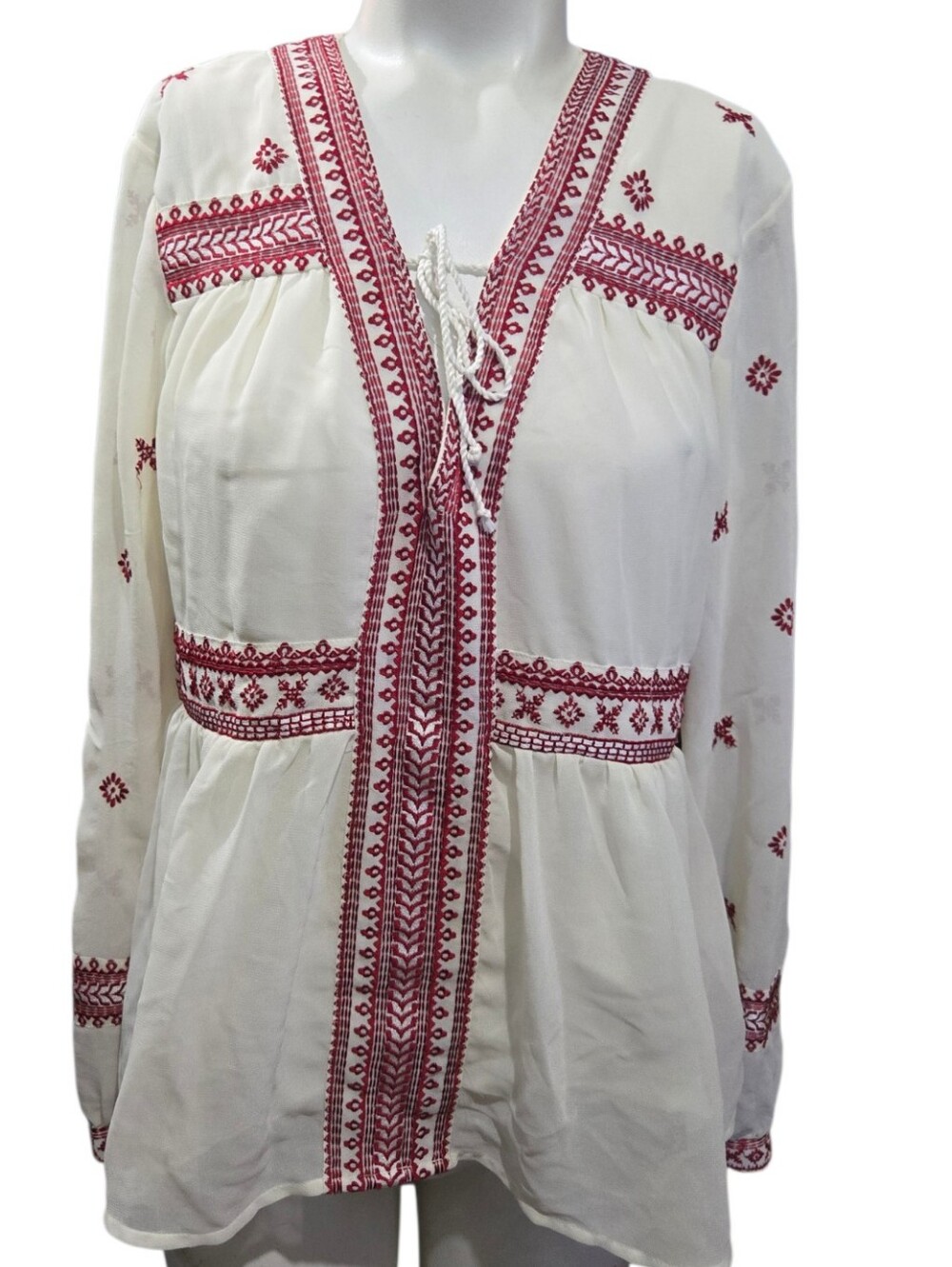 Topshop Embroidered Boho Peasant Blouse Red White Tie Front US 6 - Picture 1 of 7